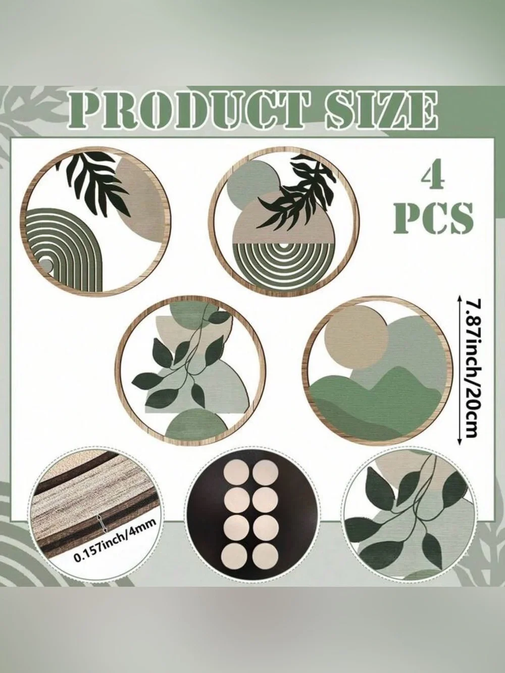 4 Pcs Boho Round Wooden Wall Art Decor Sage Green Abstract Botanical Geometry